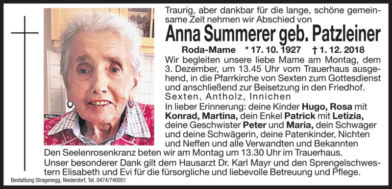  Traueranzeige für Anna Summerer vom 03.12.2018 aus Dolomiten