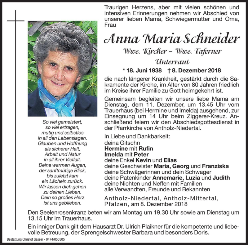  Traueranzeige für Anna Maria Kircher vom 10.12.2018 aus Dolomiten