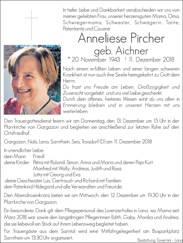  Traueranzeige für Anneliese Pircher vom 12.12.2018 aus Dolomiten