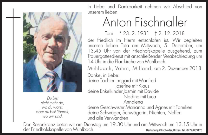  Traueranzeige für Anton Fischnaller vom 04.12.2018 aus Dolomiten