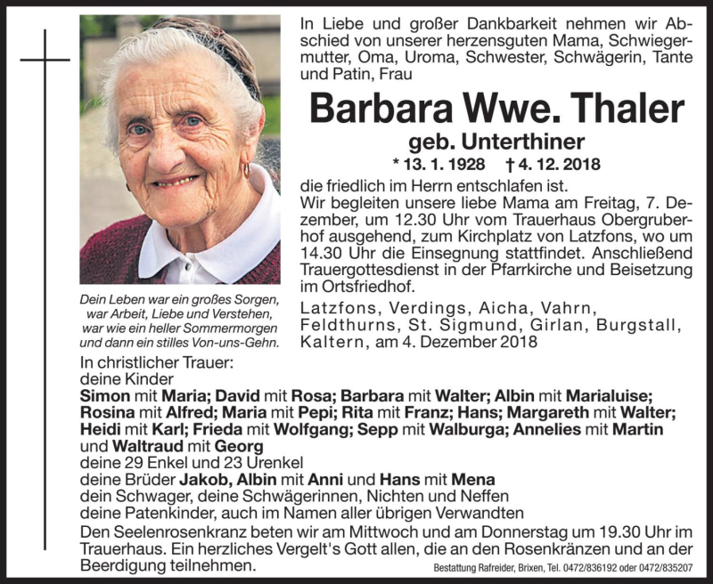  Traueranzeige für Barbara Thaler vom 05.12.2018 aus Dolomiten