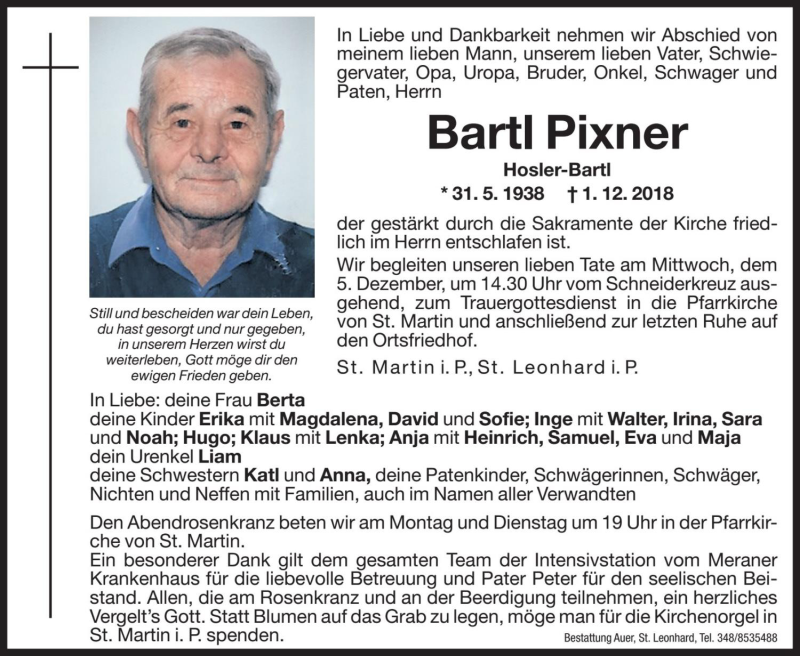  Traueranzeige für Bartl Pixner vom 03.12.2018 aus Dolomiten