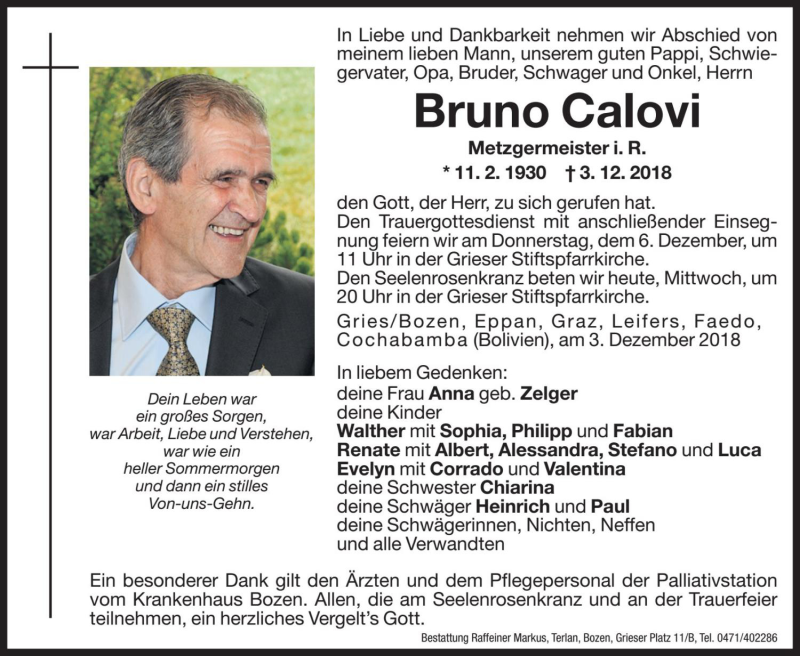  Traueranzeige für Bruno Calovi vom 05.12.2018 aus Dolomiten