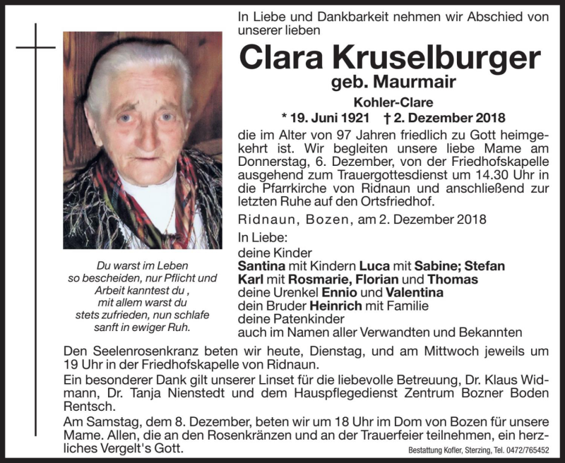  Traueranzeige für Clara Kruselburger vom 04.12.2018 aus Dolomiten