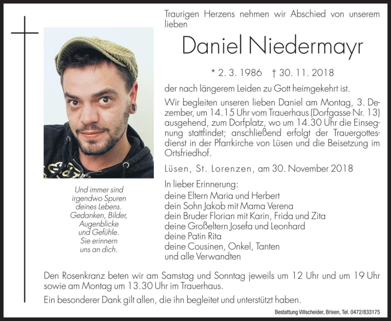  Traueranzeige für Daniel Niedermayr vom 01.12.2018 aus Dolomiten