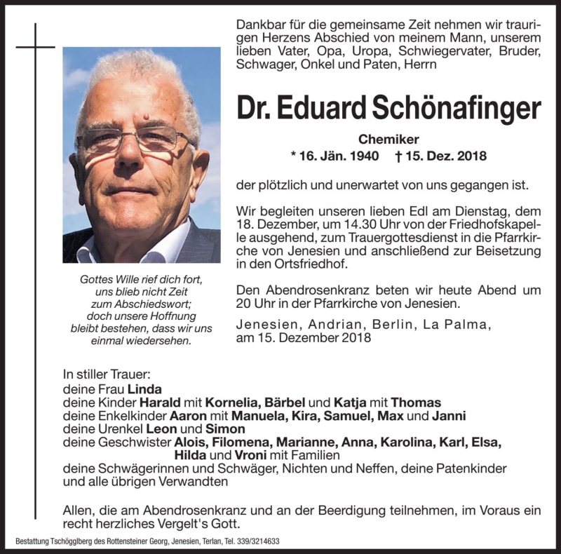  Traueranzeige für Eduard Schönafinger vom 17.12.2018 aus Dolomiten
