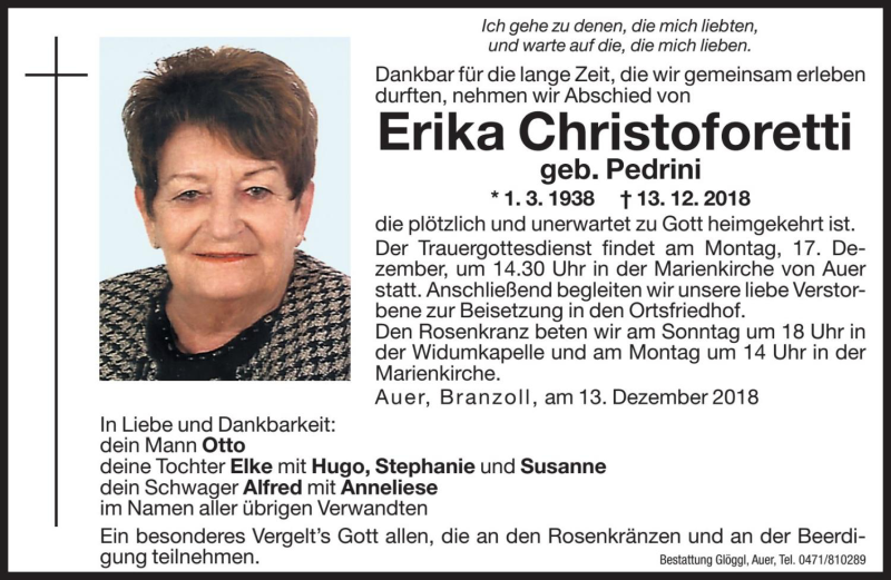  Traueranzeige für Erika Christoforetti vom 14.12.2018 aus Dolomiten