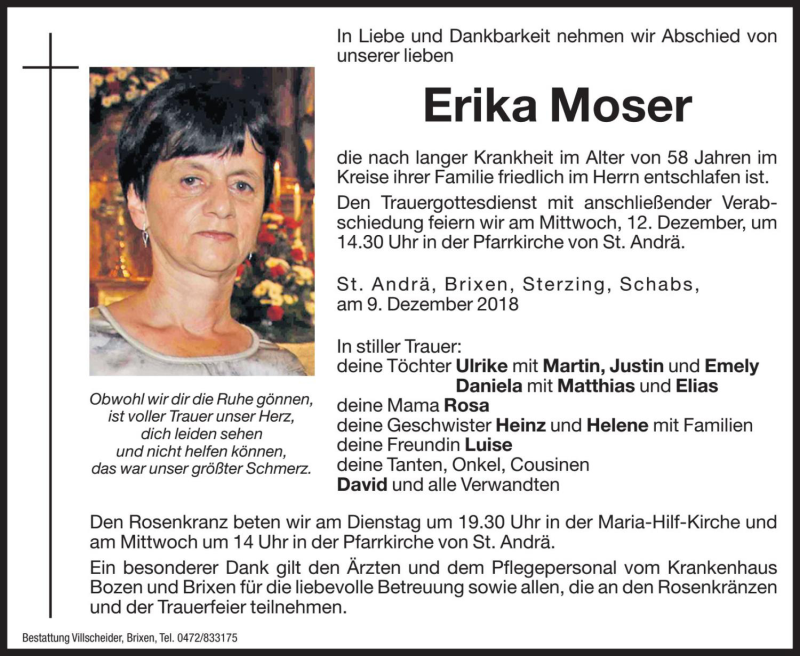  Traueranzeige für Erika Moser vom 11.12.2018 aus Dolomiten