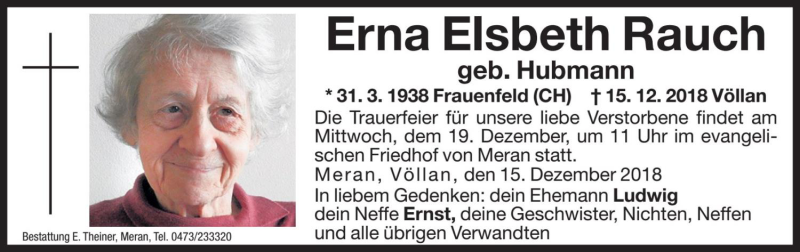  Traueranzeige für Erna Elsbeth Rauch vom 18.12.2018 aus Dolomiten