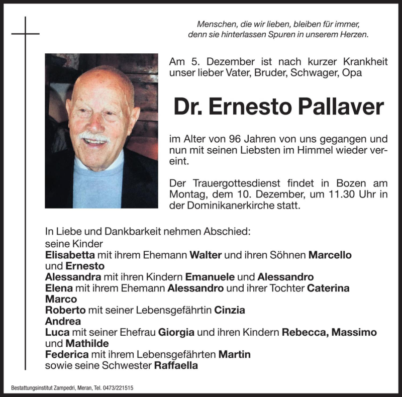  Traueranzeige für Ernesto Pallaver vom 07.12.2018 aus Dolomiten