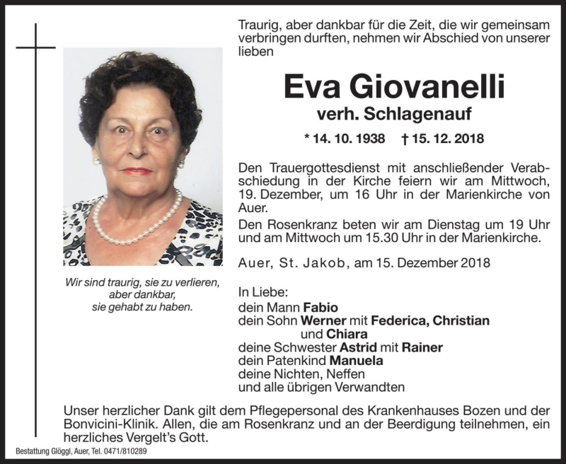  Traueranzeige für Eva Schlagenauf vom 17.12.2018 aus Dolomiten