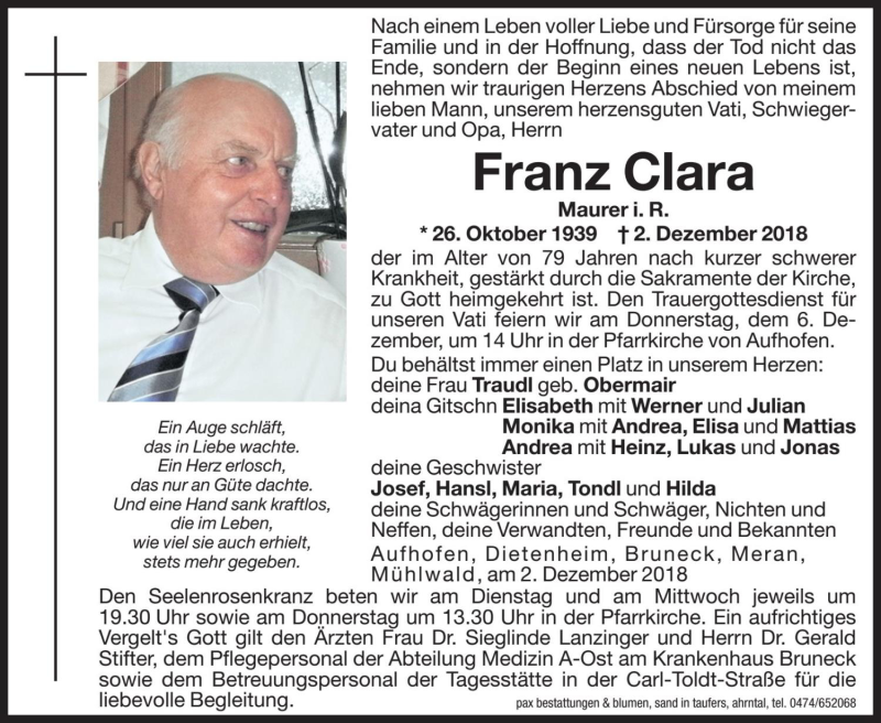  Traueranzeige für Franz Clara vom 04.12.2018 aus Dolomiten