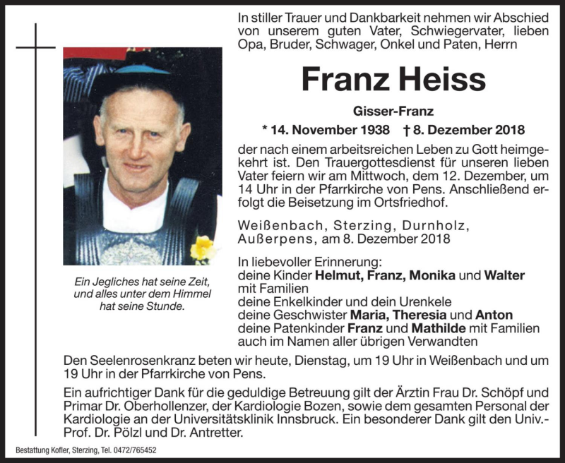  Traueranzeige für Franz Heiss vom 11.12.2018 aus Dolomiten