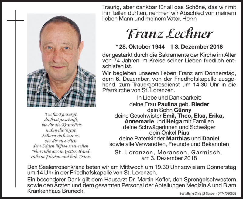  Traueranzeige für Franz Lechner vom 05.12.2018 aus Dolomiten