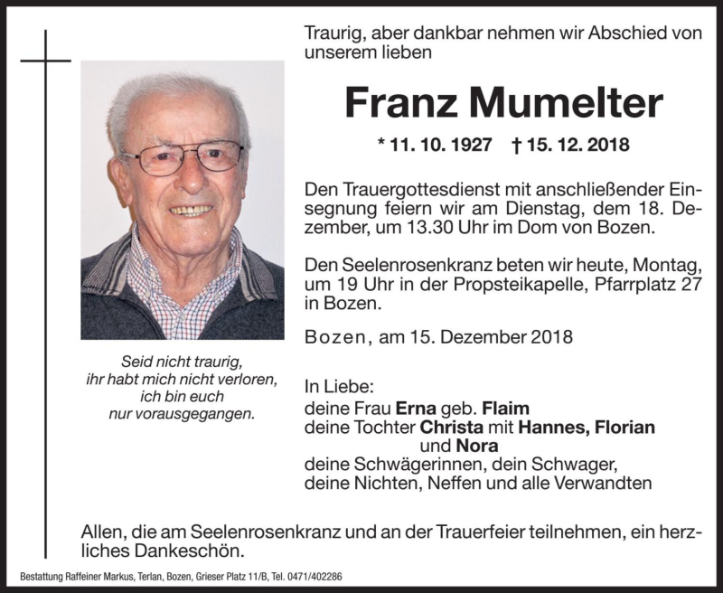  Traueranzeige für Franz Mumelter vom 17.12.2018 aus Dolomiten