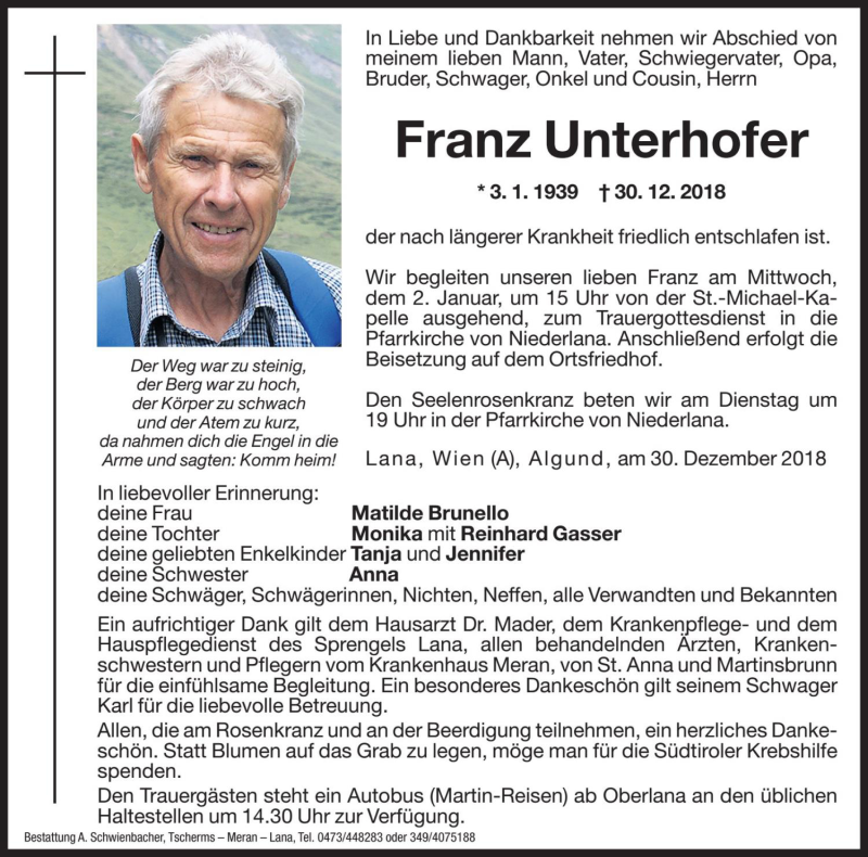  Traueranzeige für Franz Unterhofer vom 31.12.2018 aus Dolomiten