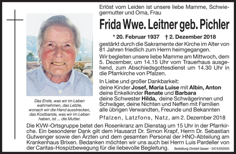  Traueranzeige für Frida Leitner vom 04.12.2018 aus Dolomiten