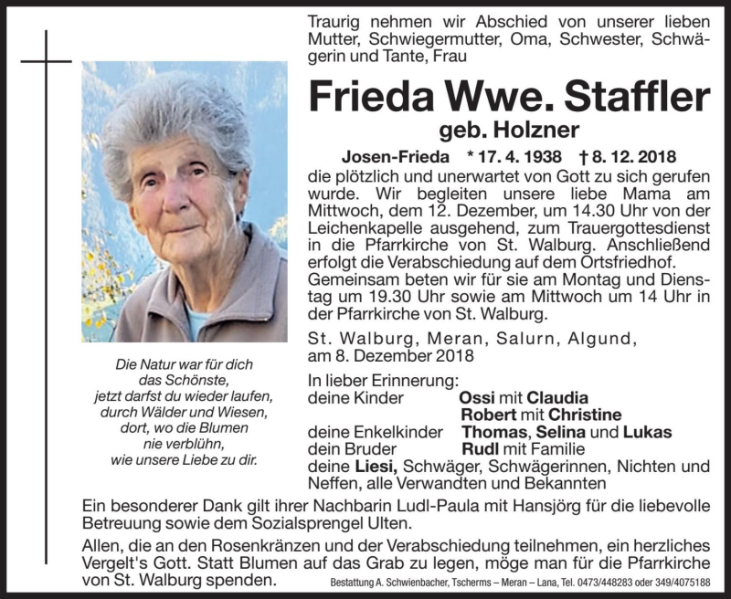  Traueranzeige für Frieda Staffler vom 10.12.2018 aus Dolomiten