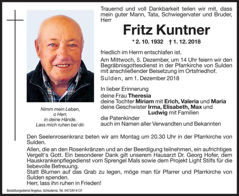  Traueranzeige für Fritz Kuntner vom 03.12.2018 aus Dolomiten
