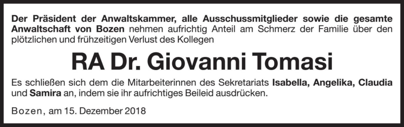  Traueranzeige für Giovanni Tomasi vom 17.12.2018 aus Dolomiten