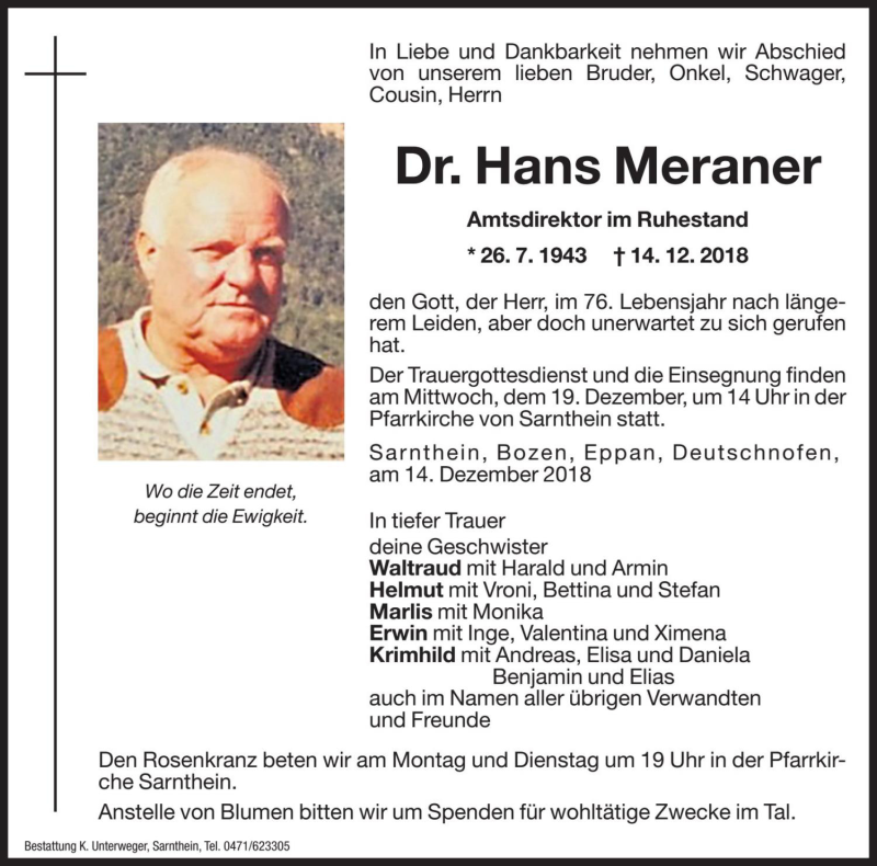  Traueranzeige für Hans Meraner vom 17.12.2018 aus Dolomiten