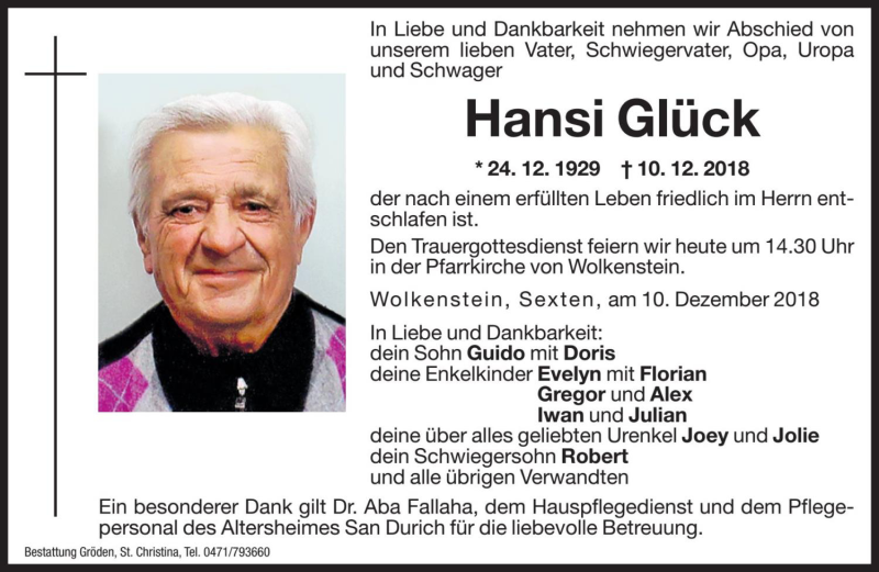  Traueranzeige für Hansi Glück vom 11.12.2018 aus Dolomiten