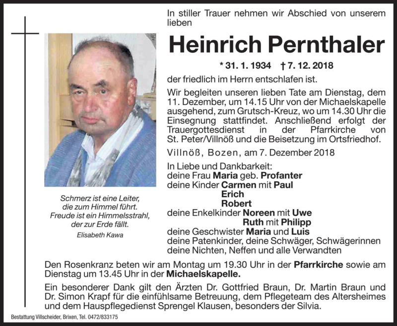  Traueranzeige für Heinrich Pernthaler vom 10.12.2018 aus Dolomiten