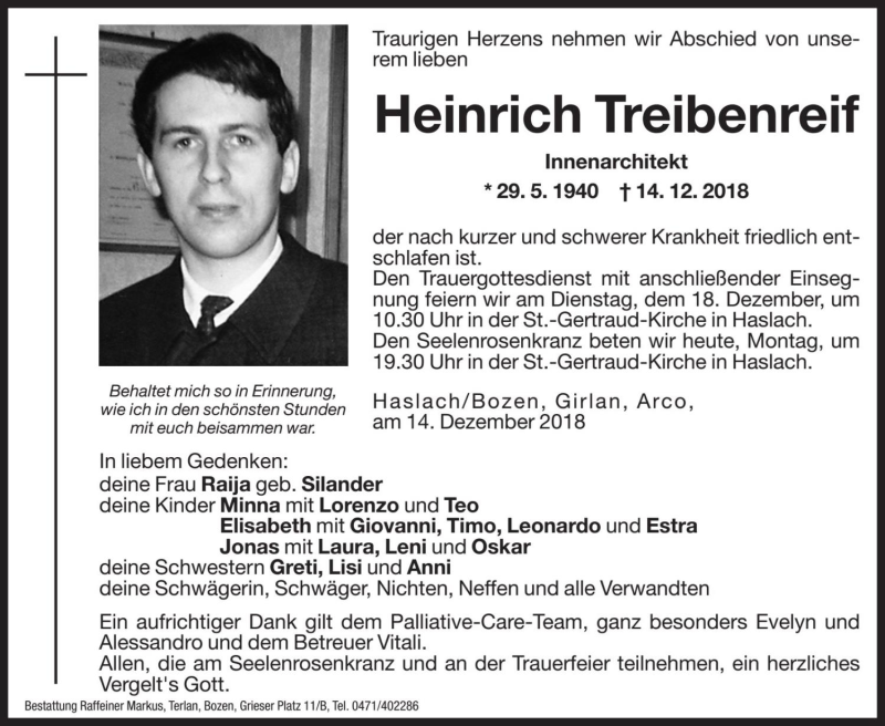  Traueranzeige für Heinrich Treibenreif vom 17.12.2018 aus Dolomiten