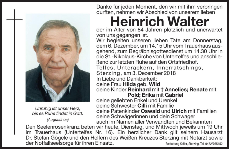 Traueranzeige für Heinrich Walter vom 04.12.2018 aus Dolomiten