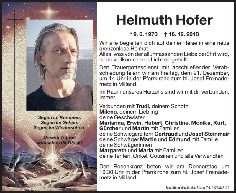  Traueranzeige für Helmuth Hofer vom 19.12.2018 aus Dolomiten