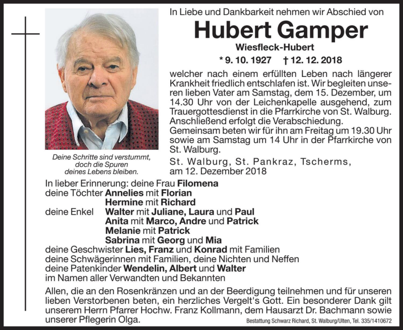  Traueranzeige für Hubert Gamper vom 14.12.2018 aus Dolomiten