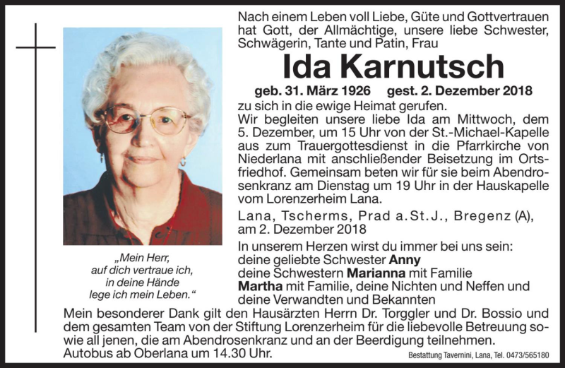  Traueranzeige für Ida Karnutsch vom 04.12.2018 aus Dolomiten