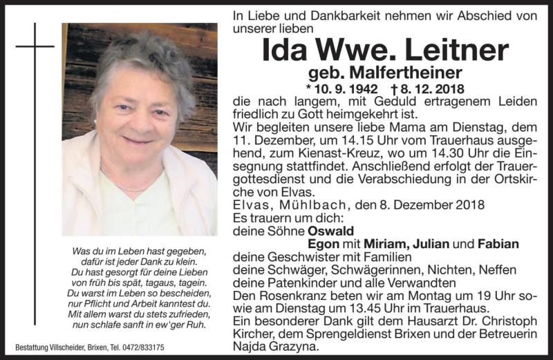  Traueranzeige für Ida Leitner vom 10.12.2018 aus Dolomiten