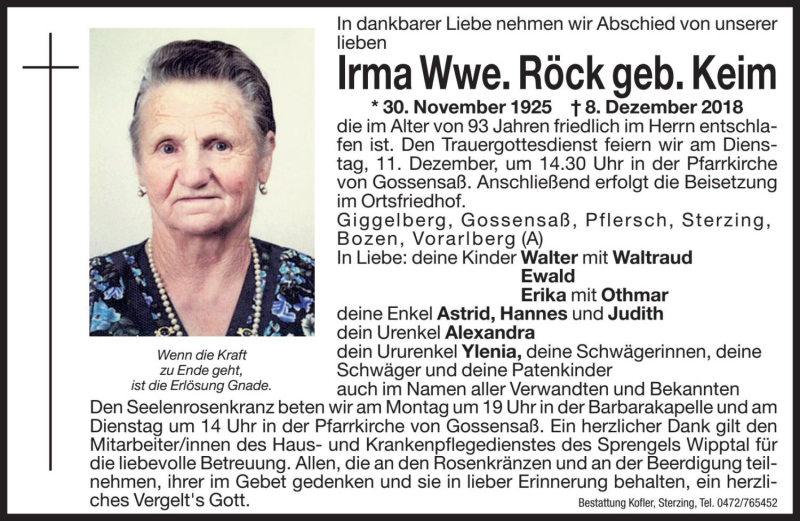  Traueranzeige für Irma Röck vom 10.12.2018 aus Dolomiten