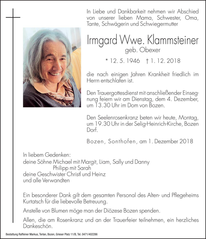  Traueranzeige für Irmgard Klammsteiner vom 03.12.2018 aus Dolomiten
