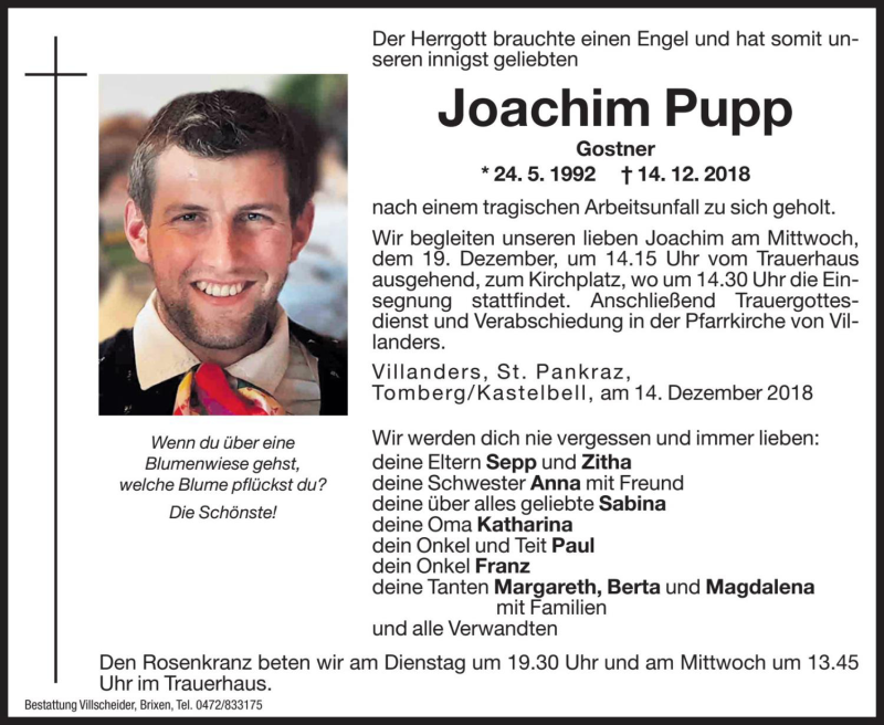  Traueranzeige für Joachim Pupp vom 17.12.2018 aus Dolomiten