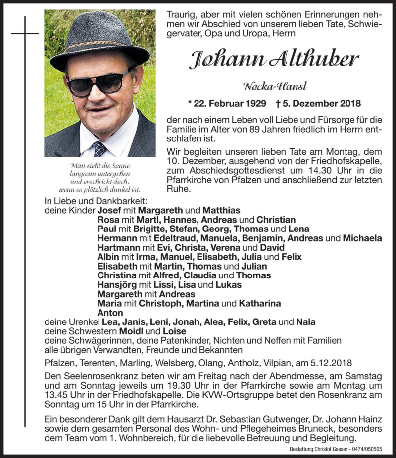  Traueranzeige für Johann Althuber vom 07.12.2018 aus Dolomiten
