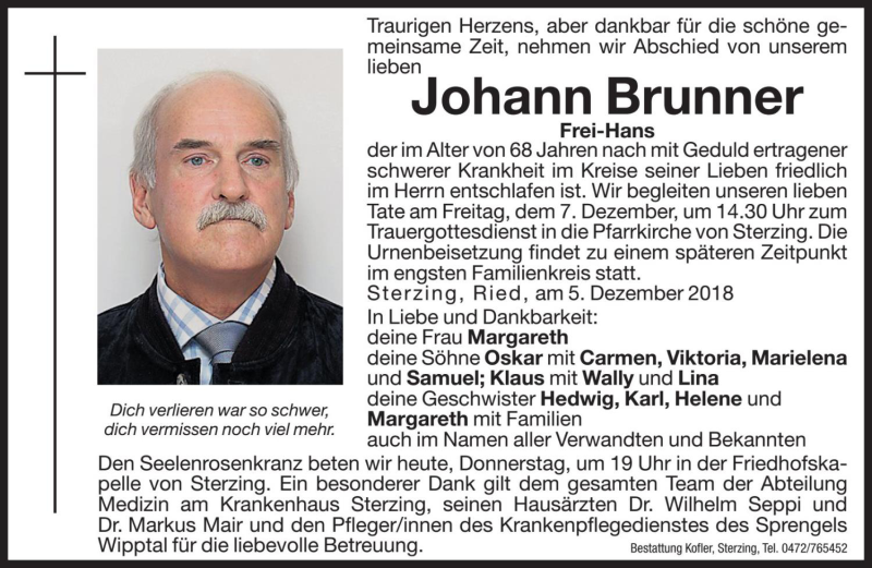  Traueranzeige für Johann Brunner vom 06.12.2018 aus Dolomiten