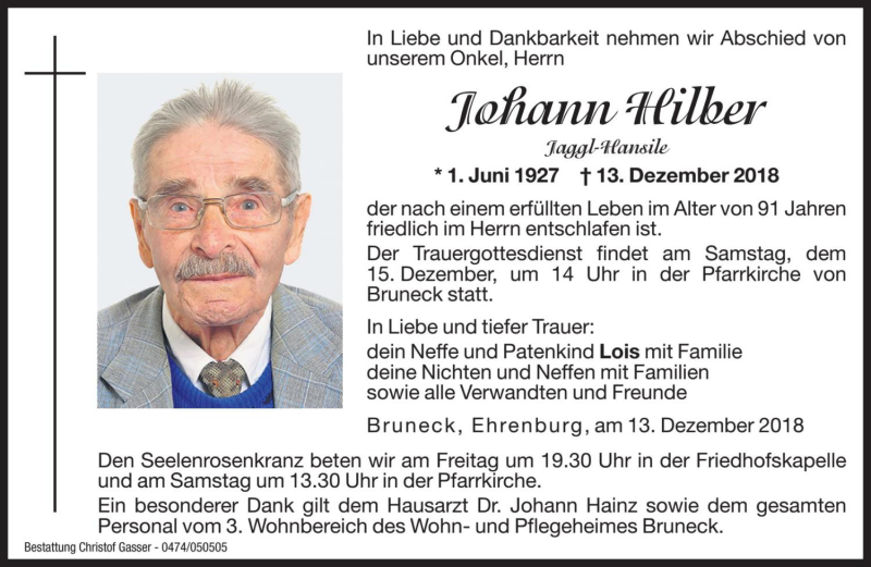  Traueranzeige für Johann Hilber vom 14.12.2018 aus Dolomiten