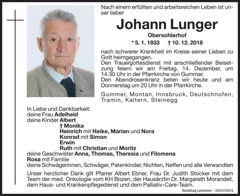  Traueranzeige für Johann Lunger vom 12.12.2018 aus Dolomiten