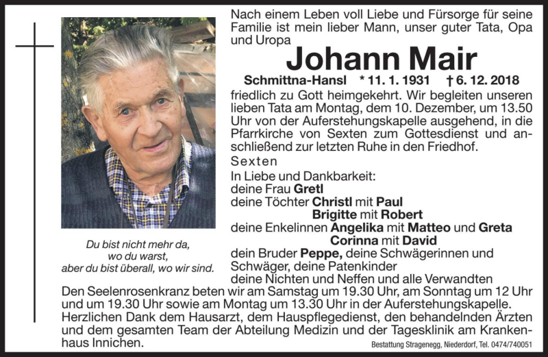  Traueranzeige für Johann Mair vom 07.12.2018 aus Dolomiten