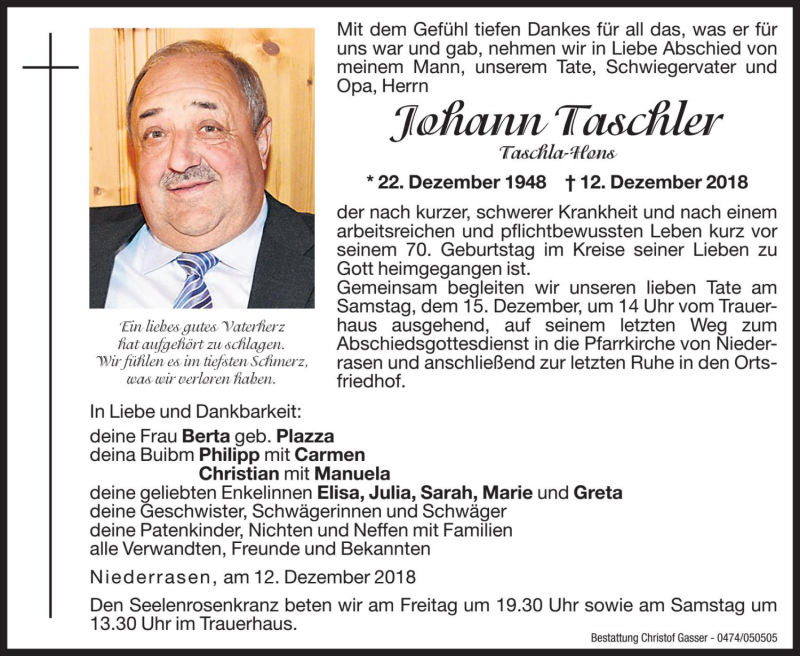  Traueranzeige für Johann Taschler vom 14.12.2018 aus Dolomiten
