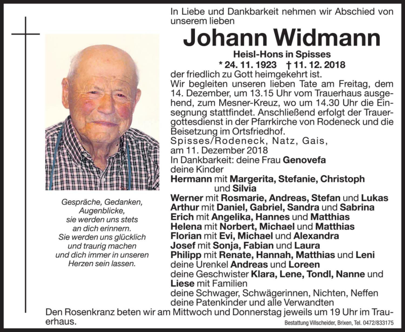  Traueranzeige für Johann Widmann vom 12.12.2018 aus Dolomiten