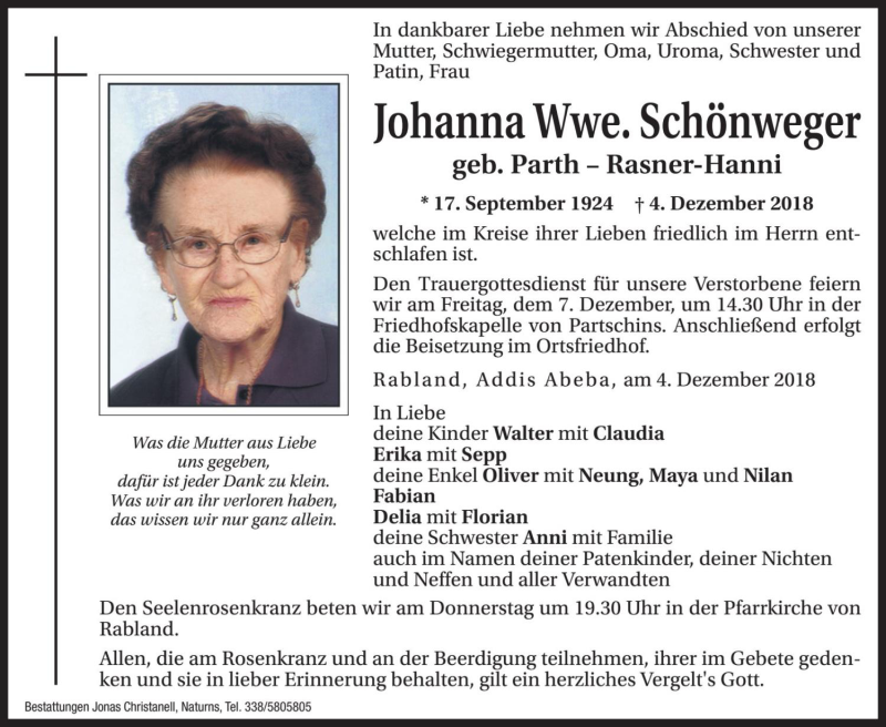  Traueranzeige für Johanna Schönweger vom 05.12.2018 aus Dolomiten