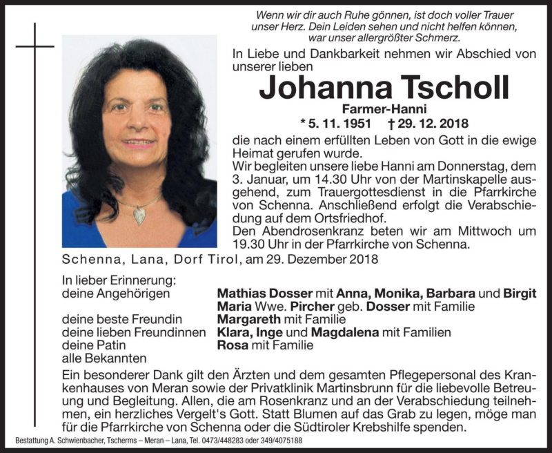  Traueranzeige für Johanna Tscholl vom 31.12.2018 aus Dolomiten