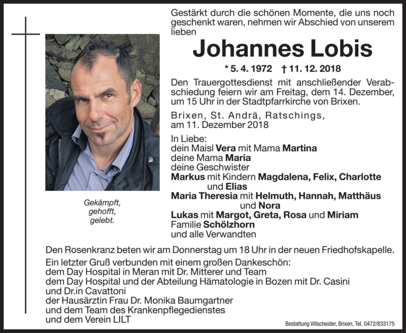  Traueranzeige für Johannes Lobis vom 13.12.2018 aus Dolomiten