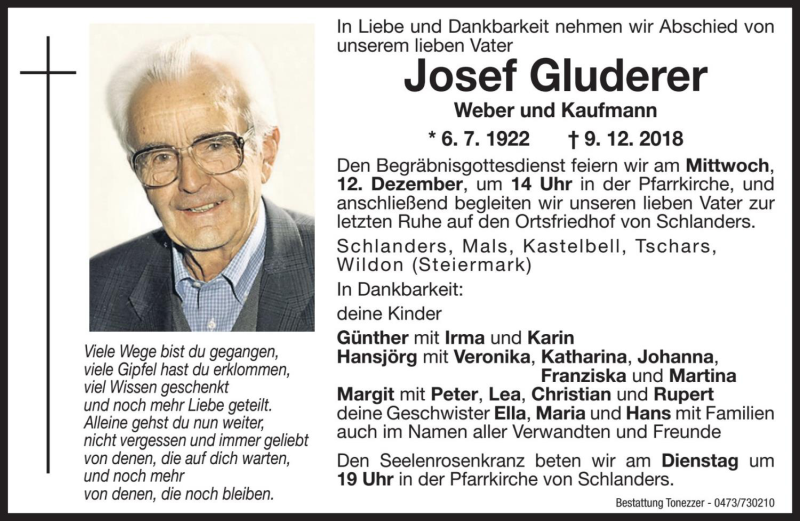  Traueranzeige für Josef Gluderer vom 10.12.2018 aus Dolomiten