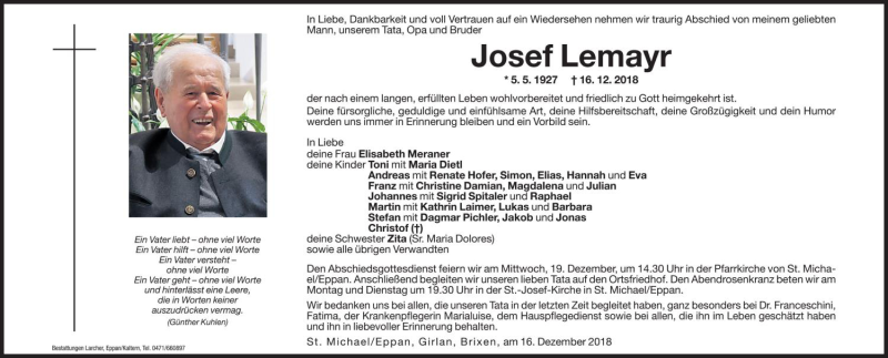  Traueranzeige für Josef Lemayr vom 17.12.2018 aus Dolomiten