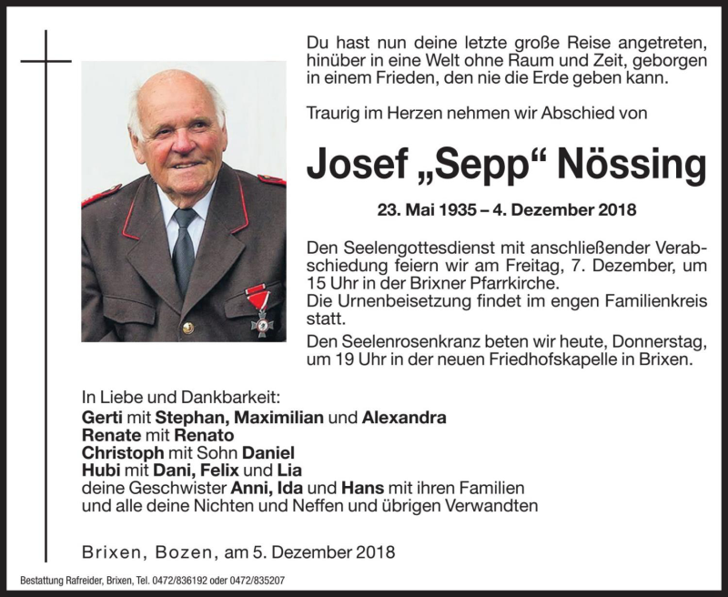  Traueranzeige für Josef Nössing vom 06.12.2018 aus Dolomiten