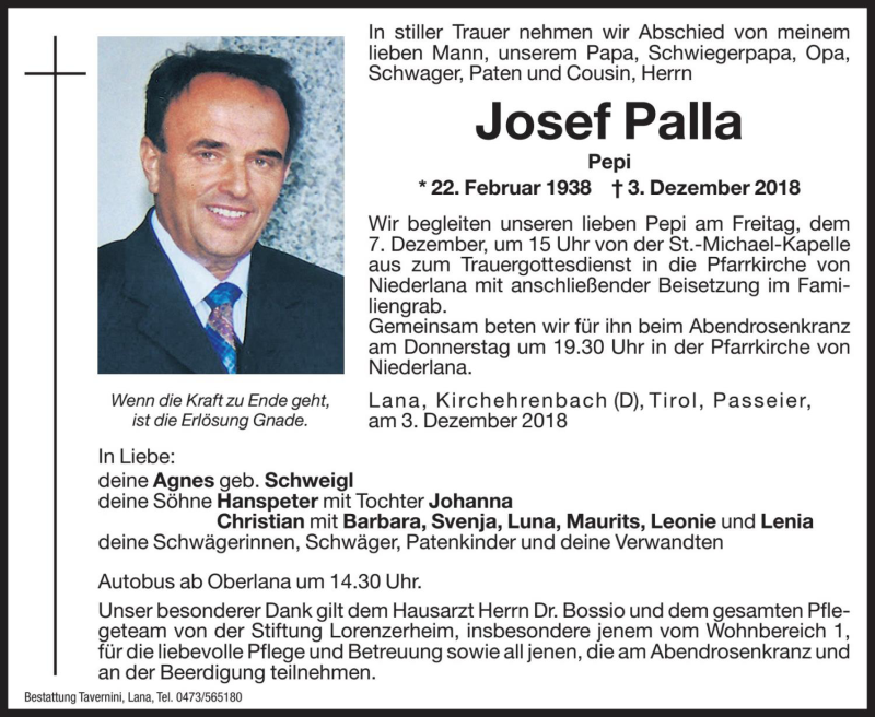  Traueranzeige für Josef Palla vom 05.12.2018 aus Dolomiten